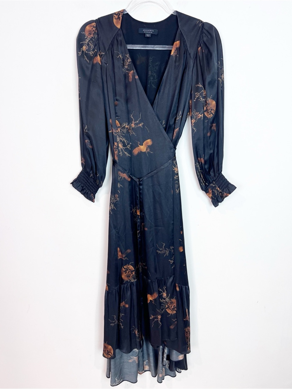 ALL SAINTS ADELAIDE AURORA BLACK WRAP MIDI DRESS BROWN BIRD BRANCHES PRINT SZ 4 - Picture 8 of 9